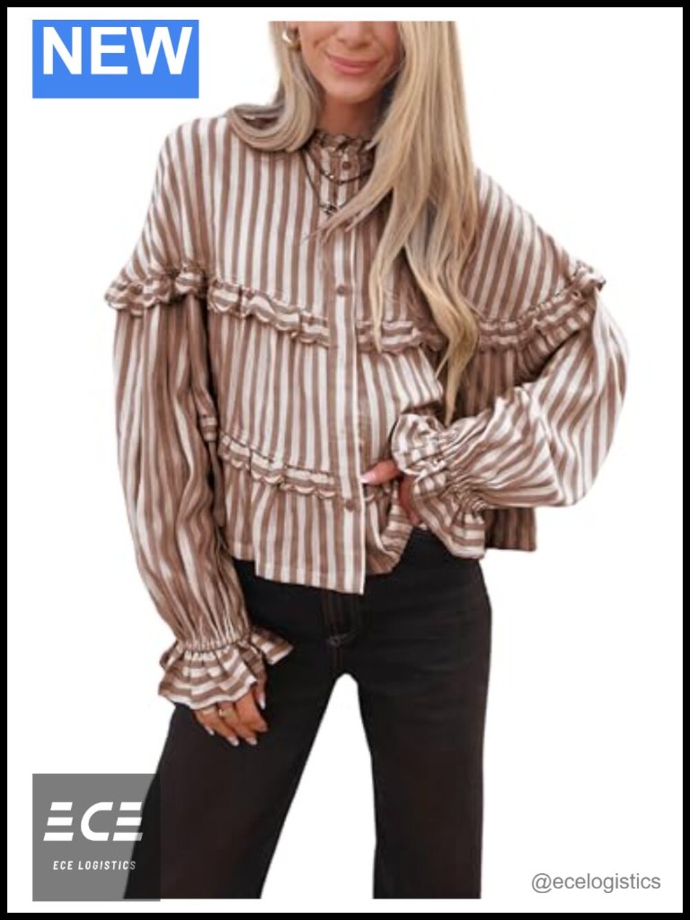 Women's Striped Button Down Ruffle Blouse Puff Sleeve Top